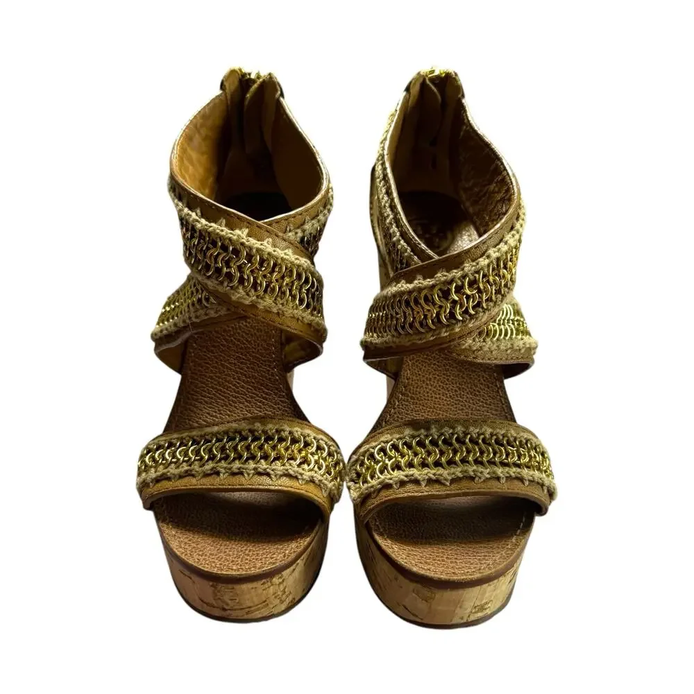 Tory Burch Lucian Tan Leather Gold Chain Strappy Wedge Sandals - Size 7 ½